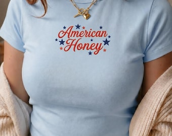 Embroidered American Honey Baby Tee, July 4th Womens Tank Top, American Patriotic Shirt, Patriotic Gift, Gift For Her