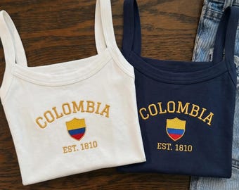 Camiseta corta sin mangas con la bandera de Colombia bordada, camiseta de día de partido para aficionadas al fútbol, camiseta de tirantes estilo Y2K con la bandera de la Copa Mundial de Fútbol para mujeres y niñas.