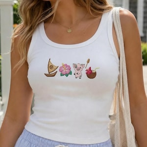 May include: A white ribbed tank top featuring a central graphic print of a small wooden sailboat, a pink hibiscus flower, a cartoon piglet, and a coconut drink with a straw and a small flower, paired with light blue and white striped shorts.