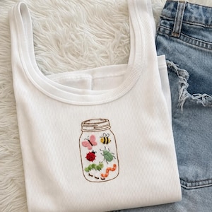 Sad Bug Summer Embroidered Tank Top, Cottagecore Insect Shirt, Cute Bug Jar Baby Tee, Minimal Nature Lover Gift, Ladybug Butterfly Tank