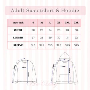 May include: A size chart for an adult sweatshirt and hoodie with the text Adult Sweatshirt & Hoodie. The table lists chest, length, and sleeve measurements in inches for sizes S through 3XL, accompanied by line drawings of the garments.