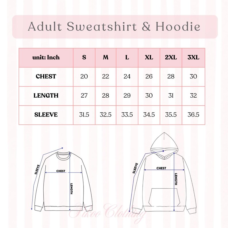 May include: A size chart for an adult sweatshirt and hoodie with the text Adult Sweatshirt & Hoodie. The table lists chest, length, and sleeve measurements in inches for sizes S through 3XL, accompanied by line drawings of the garments.