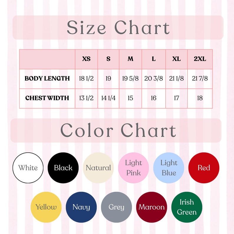 Op de afbeelding: Een maattabel en kleurentabel worden weergegeven op een roze en wit gestreepte achtergrond. De maattabel toont lichaamslengte- en borstbreedtematen in inches voor de maten XS tot 2XL. De kleurentabel toont kleuropties, waaronder wit, zwart en rood.