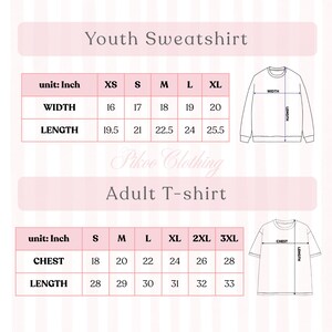 May include: A size chart for a youth sweatshirt and an adult t-shirt from Pikoo Clothing. The chart displays width and length measurements in inches for sizes XS through XL for the sweatshirt and S through 3XL for the t-shirt, with line drawings.