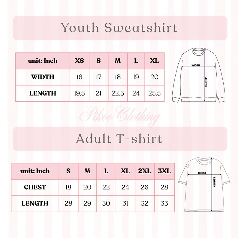 May include: A size chart for a youth sweatshirt and an adult t-shirt from Pikoo Clothing. The chart displays width and length measurements in inches for sizes XS through XL for the sweatshirt and S through 3XL for the t-shirt, with line drawings.