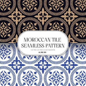 May include: A seamless pattern design featuring Moroccan tile motifs in two color variations: black with tan accents and white with blue accents. A central label displays the text: MOROCCAN TILE SEAMLESS PATTERN, YOU WILL GET TWO COLOR VARIATIONS, AI, PDF, EPS.