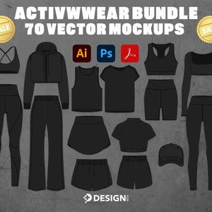 Women&#39;s Activetwear Mockups & Fashion Vector Mega Bundle Pack - Fashion Design Tech Pack Template - PNG Mockup and Fashion Flat Sketches
