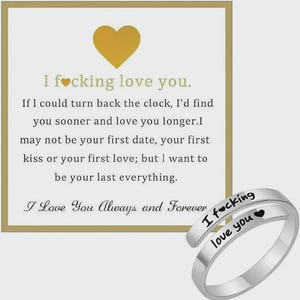 May include: A silver-toned bypass ring engraved with the text I f*cking love you and a small heart symbol. The ring is displayed next to a square card featuring a gold heart icon and the printed message I f*cking love you, along with a romantic sentiment.