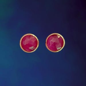 May include: A pair of round stud earrings featuring faceted, deep pink stones set in smooth, polished gold-toned metal bezels. The circular stones display a textured, multi-faceted surface that catches the light, framed by a simple, clean metal rim.