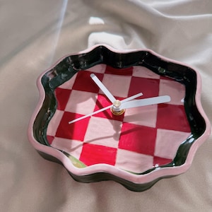 Handmade Striped Ceramic Clock – Red and Pink Wall Decor