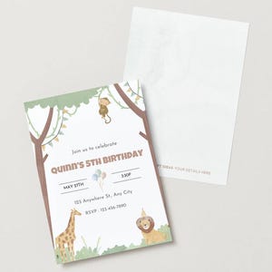 May include: A jungle-themed birthday invitation with a green, brown, and white color scheme. The invitation features a monkey, a giraffe, and a lion. The text on the invitation reads "Join us to celebrate Quinn's 5th Birthday, May 17th, 3:30P, 123 Anywhere St. Any City, RSVP 123-456-7890."