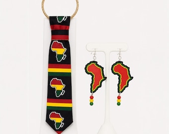 Juneteenth Tie Necklace & Africa Earrings Set Afrocentric Statement Jewelry