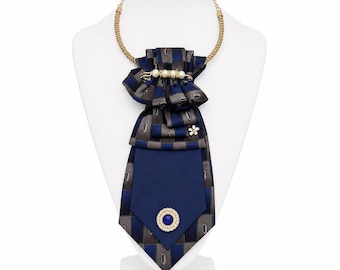 Blue Gray Gold Statement Tie Necklace, Women's Necktie Jewelry, One of A Kind