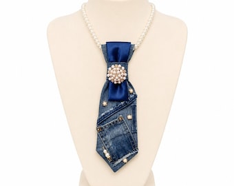 Denim Tie Necklace with Pearl Accent Pocket Design One of a Kind Statement Jewelry