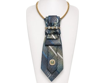 Blue Green Tie Necklace, Statement Neckwear, Elegant Women's Fashion Accessory
