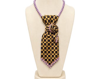 Mustard Gold Tie Necklace with Pink Beads, One of a Kind  Statement Jewelry