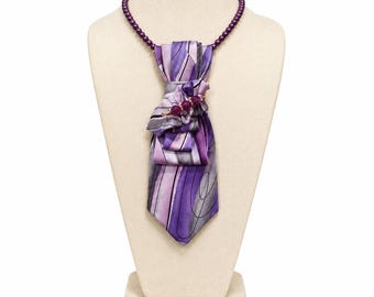 Lavender Purple Silver Tie Necklace, One of a Kind Statement Jewelry