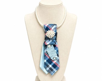 Salmon Navy Plaid Tie Necklace, Pearl Statement Necklace, One of A Kind Fashion Jewelry