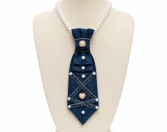 Handmade Denim Tie Necklace, Pearl Statement Necklace, One of a Kind Women's Wearable Art Jewelry