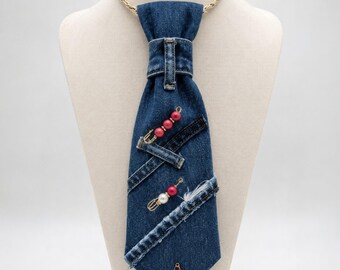 Handmade Denim Tie Necklace | One of a Kind Statement Necklace | Wearable Art Jewelry for Women