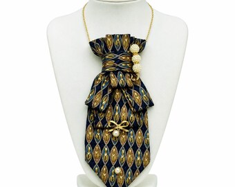 Navy Bronze Tie Necklace Pearl Bow Pendant One of a Kind Statement Jewelry