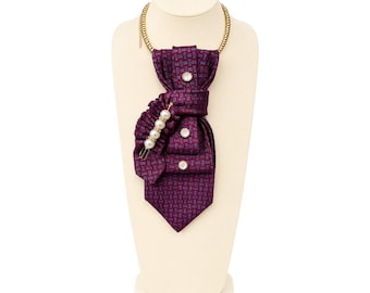 Burgundy Tie Necklace, Pearl Embellished Statement Neckwear, Church Outfit Accessory