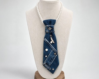 Denim Tie Necklace with Pearls,  Handmade Statement Necklace,  Upcycled Jean Jewelry