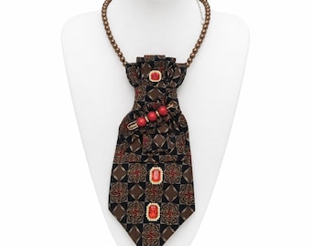 One Of A Kind Brown Tie Necklace, Church Statement Necklace, Elegant Women's Tie