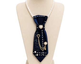 Denim Inspired Statement Tie Necklace Pearl Accent One of A Kind