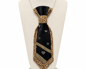 Leopard Print Tie Necklace, Handmade Statement Necklace, One of a Kind Women's Fabric Jewelry