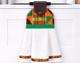 Kente Print Hanging Kitchen Towel Set: Black Terry Cotton & Pot Holders