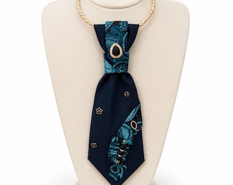Handmade Denim & Silk Paisley Tie Necklace, Wearable Art Jewelry for Women