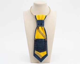 Yellow Denim Tie Necklace  Statement Fabric Necklace, Church Jewelry, Handmade Women's Accessory