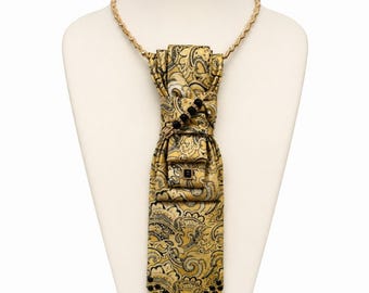 Butter Yellow Paisley Statement Tie Necklace | Handmade Wearable Art