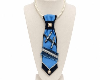 Blue Denim Tie Necklace with Pearls, Statement Fabric Necklace, Handmade Women's Jewelry, One of a Kind Accessory