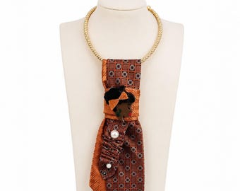 Rust Tie Necklace with Matching Pocket Square & Cufflink, Women Statement Jewelry