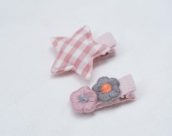 Embroidered Flower Hair Clips: Handmade Baby Barrettes - Set of 2