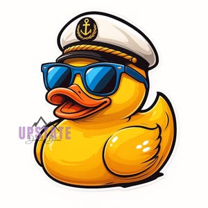 May include: A cartoon yellow rubber duck wearing a white captain's hat with a gold anchor emblem and blue sunglasses. The duck has an orange beak and is smiling. The sticker has a white border and the text "UPSTATE Decal Decor".