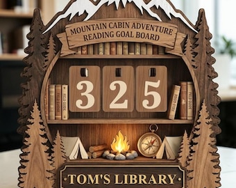 Mountain Cabin Adventure Wooden Book Counter, Reading Goal Tracker Decor, Gift For Him