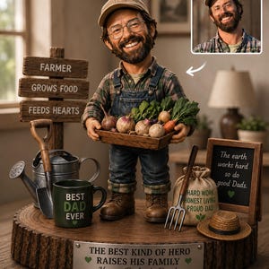 Könnte beinhalten: Eine personalisierte Figur eines bärtigen Farmers mit Kappe, kariertem Hemd und Latzhose, der ein Tablett mit Gemüse hält. Der Sockel enthält eine Metallplakette mit der Aufschrift THE BEST KIND OF HERO RAISES HIS FAMILY Happy Father's Day.