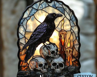 Raven On Skulls Acrylic Suncatcher, Faux Buntglas Fensterbehang, Gothic Halloween Decor, Geschenk für die gruselige Saison