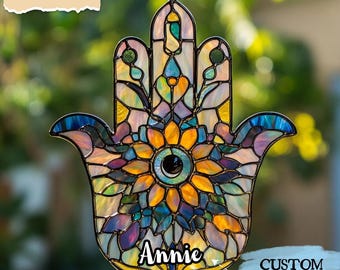 Hamsa Hand with Flowers Acrylic /Resin Suncatcher, Faux Stained Glass Window Hanging, Boho Spiritual Design, Gift for Protection and Peace