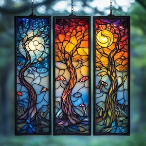 SET 3 Seasonal Tree Acrylic Faux Stained Glass  Window Panel Set, Nature Forest Decor with Mushroom Design, Fall Home Gift Idea