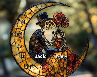 Till Death Do Us Part Acrylic Suncatcher, Faux Stained Glass Skeleton Couple Moon Window Hanging, Gothic Wedding Gift For Couple