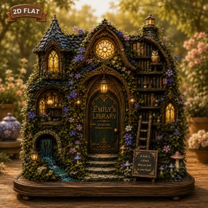 Può includere: Una struttura a biblioteca in miniatura con una porta verde scuro con l'etichetta Emily's Library, Books Open Worlds Unfold, circondata da rampicanti, fiori viola, una piccola cascata, una scala in legno e un cartello con la scritta A book is a dream that you hold in your hand.