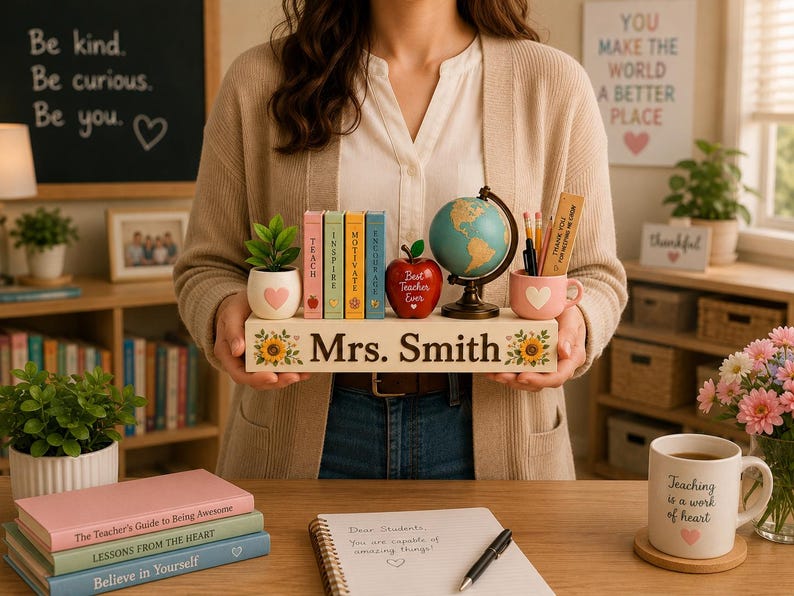 May include: A wooden desk sign with the name Mrs. Smith, decorated with sunflowers. It holds a small potted plant with a heart, four miniature books labeled Teach, Inspire, Motivate, Encourage, a red apple ornament, a globe, and a pencil cup.