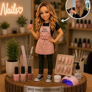 Può includere: Una bambola personalizzata di un'onicotecnica con grembiule rosa con la scritta NAIL ARTIST, maglietta nera e pantaloni. La bambola tiene in mano uno smalto rosa. Accessori: smalti, un espositore di unghie dipinte e una lampada UV.