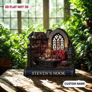 Personalized Gothic Book Nook Wooden Block, Library With Raven And Skulls Dark Academia Shelf Insert Decor Horror Book Lover Gift