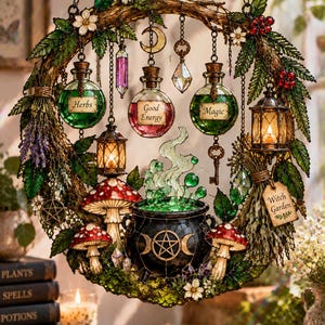 May include: A circular wall hanging featuring a branch frame adorned with green leaves, white flowers, and red berries. It includes hanging glass bottles labeled Herbs, Good Energy, and Magic, two lanterns, a central black cauldron, and mushrooms.