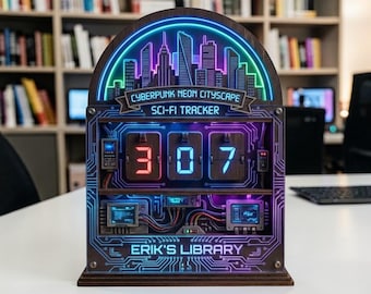 Cyberpunk Neon Cityscape Sci-Fi Wooden Book Nook Shelf Insert - Numerical Reading Goal Tracker